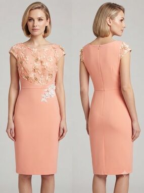 VfEmage Peach Lace-Appliqué Cap-Sleeve Midi Dress